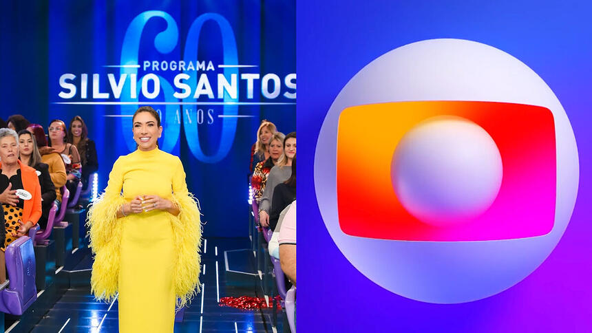 Montagem com Patrícia Abravanel de vestido amarelo no palco do Programa Silvio Santos e o logo da TV Globo