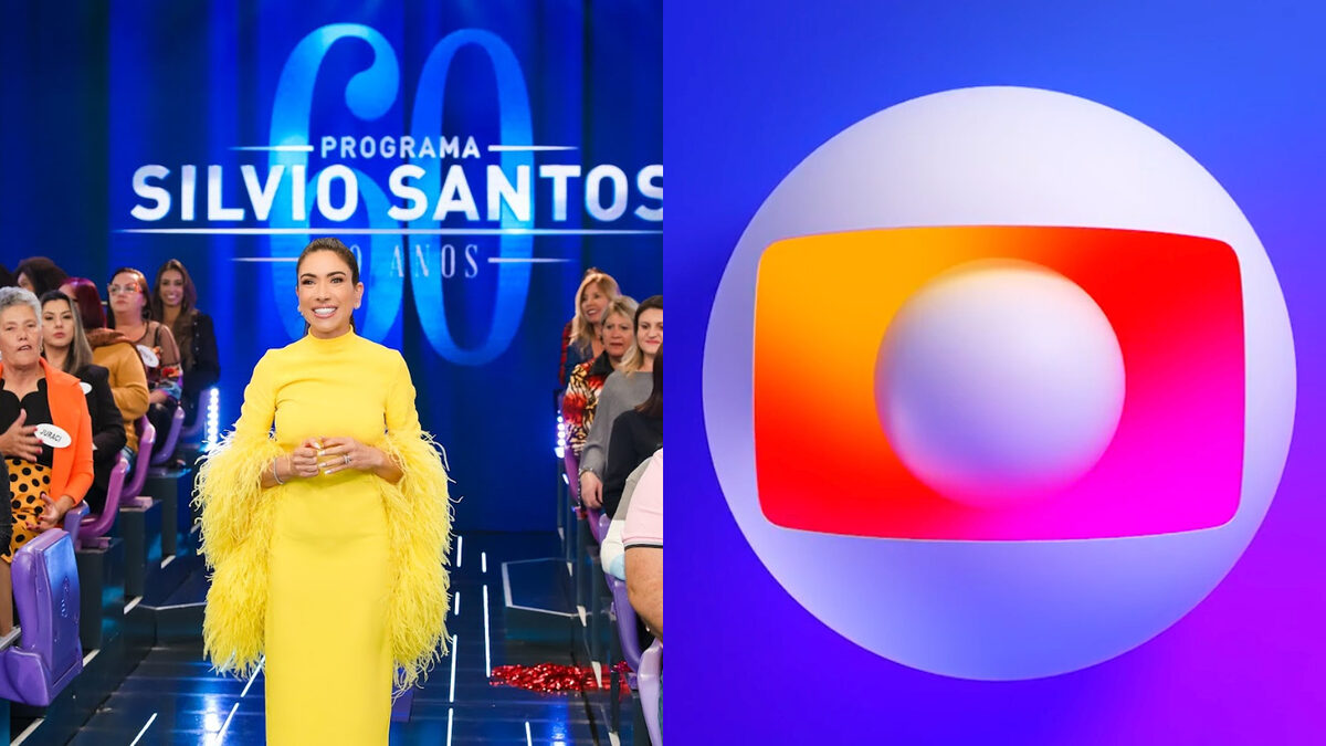 Montagem com Patrícia Abravanel de vestido amarelo no palco do Programa Silvio Santos e o logo da TV Globo