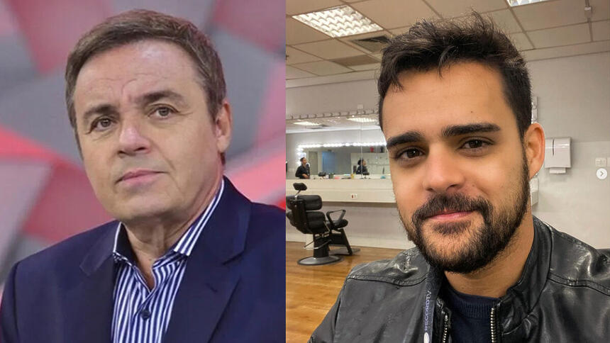 Montagem com Gugu nos estúdios do seu antigo programa e Lucas Carvalho na redação da Record TV