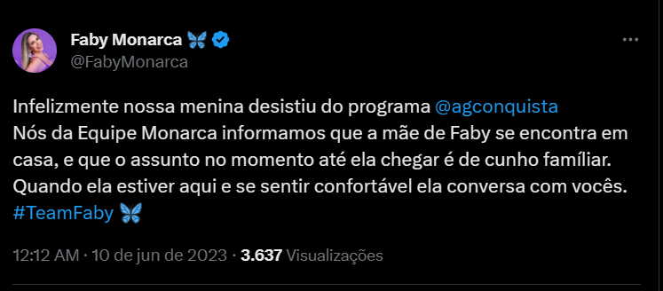 Twitter informa estado de saúde da mãe de Faby Monarca