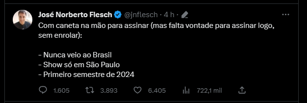 Twitter de José Norberto Flesch com indícios da suposta vinda de Adele para o Brasil