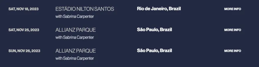 Datas dos shows de Taylor no Brasil.