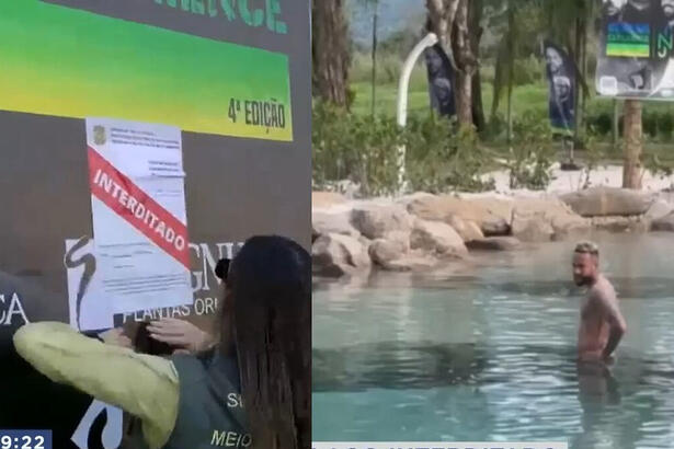 Montagem com secretaria ambiental interditando mansão de Neymar no Rio de Janeiro e o jogador tomando banho no lago