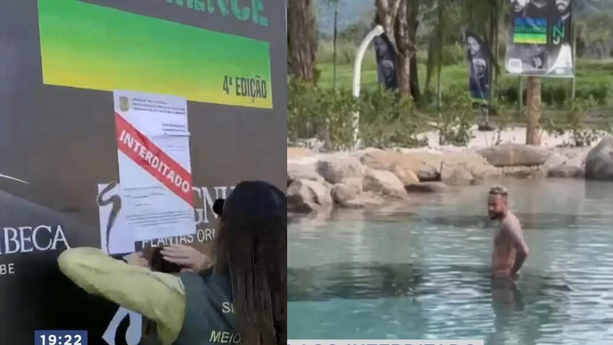 Montagem com secretaria ambiental interditando mansão de Neymar no Rio de Janeiro e o jogador tomando banho no lago