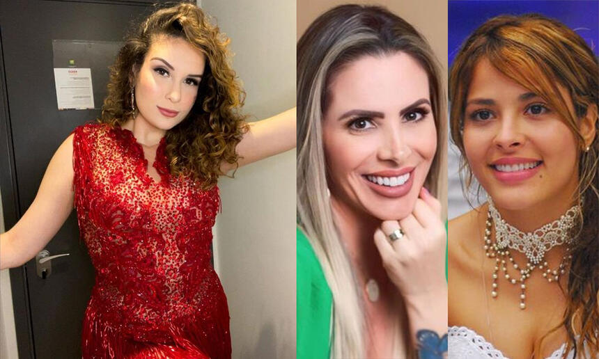 Stephanie Gomes de vestido vermelho, sorrindo, em pé; Imagem 2: Faby Monarca sorrindo, de camisa verde decotada, com a mão no queixo; Imagem 3: Gyselle Soares sorrindo, sentada no sofá do BBB 8