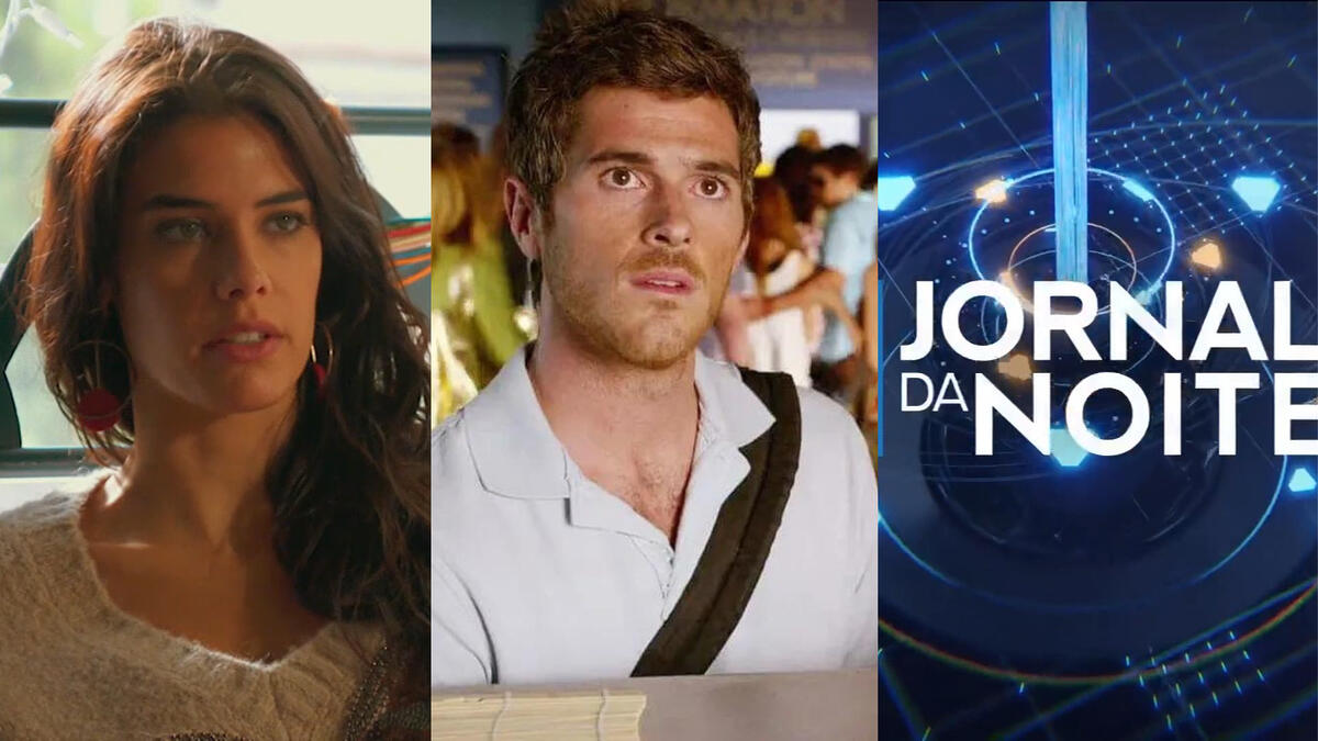 Montagem com três imagens. Na primeira, a cena da novela Valor da Vida. Na segunda, cena do filme Você Não Pode Beijar a Noiva, do Cine Clube. E, na última imagem, o novo logo do Jornal da Noite