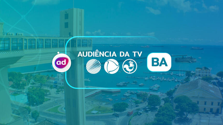 Arte de divulgação dos dados consolidados de audiência da TV em Salvador, na Bahia, com os logos da TV Bahia/Globo, Record TV Itapoan e TV Aratu/SBT