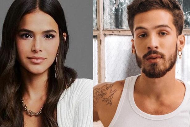 Imagem 1: Bruna Marquezine de camisa manga longa branca, durante ensaio fotográfico; Imagem 2: João Guilherme de regata branca durante ensaio fotográfico