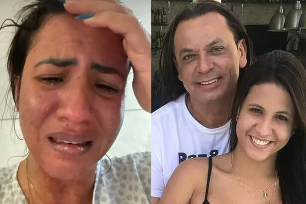 Imagem 1: Caroline Aguiar chorando com a mão na cabeça; Imagem 2: Frank Aguiar com Caroline aguiar, sorrindo, abraçados