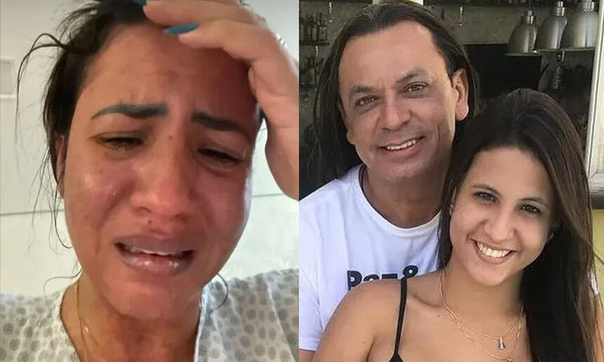 Imagem 1: Caroline Aguiar chorando com a mão na cabeça; Imagem 2: Frank Aguiar com Caroline aguiar, sorrindo, abraçados