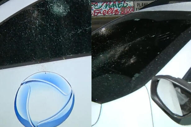 Trechos das imagens do carro da Record TV vandalizado no Rio de Janeiro