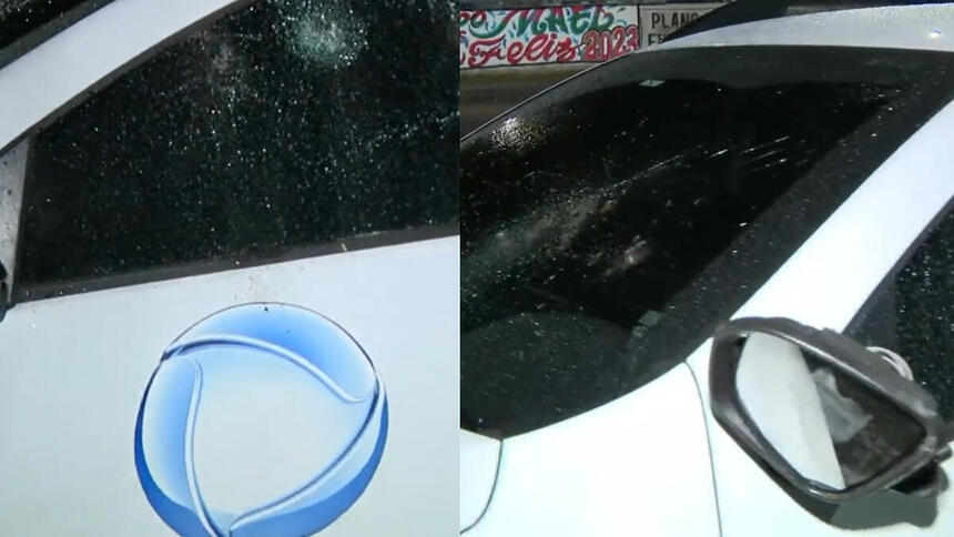 Trechos das imagens do carro da Record TV vandalizado no Rio de Janeiro