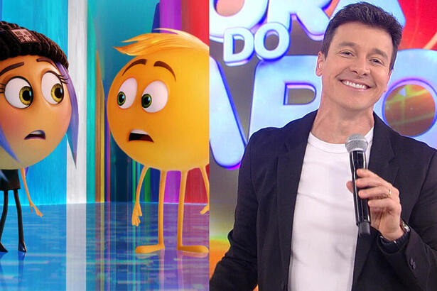 Montagem com trecho do filme 'Emoji', com Rodrigo Faro no Hora do Faro