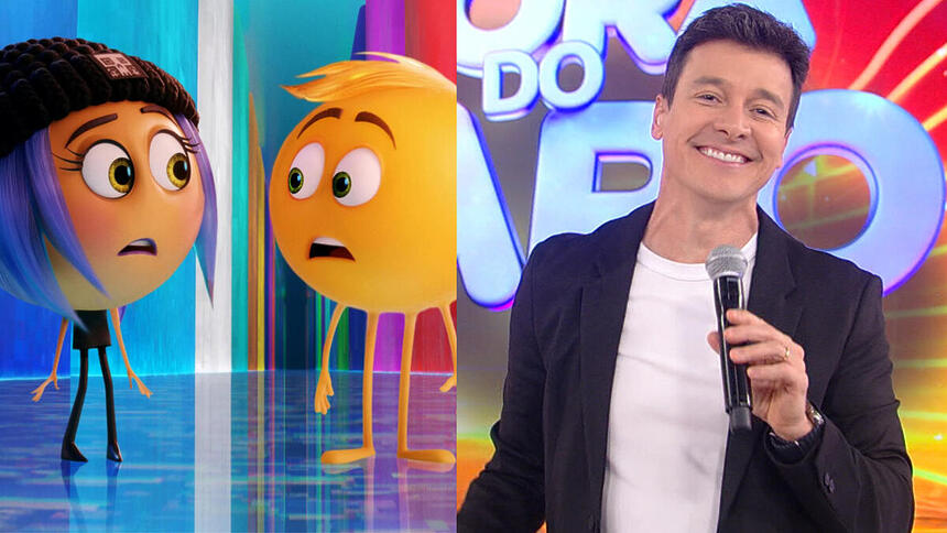 Montagem com trecho do filme 'Emoji', com Rodrigo Faro no Hora do Faro