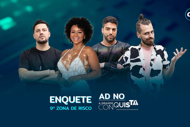 Thiago Servo, Natália Deodato, Ricardo Villardo e Daniel Toko na arte da enquete do A Grande Conquista