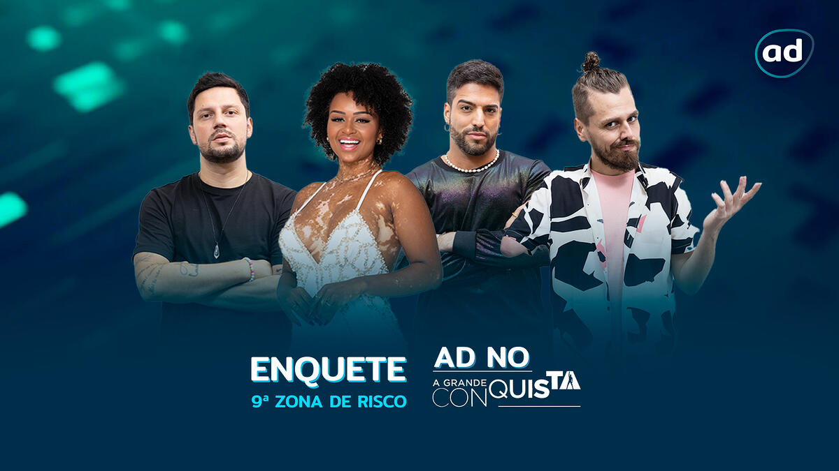 Thiago Servo, Natália Deodato, Ricardo Villardo e Daniel Toko na arte da enquete do A Grande Conquista