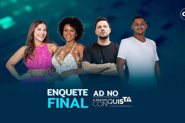 Gyselle Soares, Natália Deodato, Thiago Servo e Gabriel Roza na arte de divulgação da enquete da final do A Grande Conquista