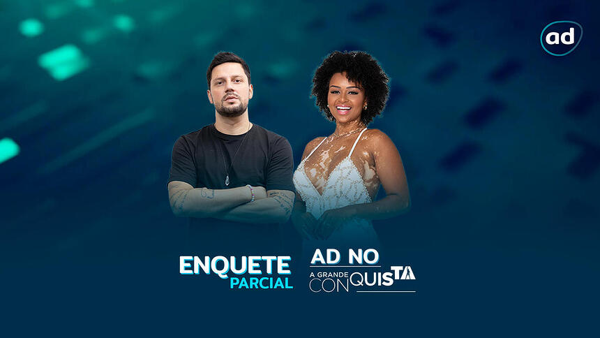 Thiago Servo e Natália Deodato na arte de divulgação da enquete do A Grande Conquista