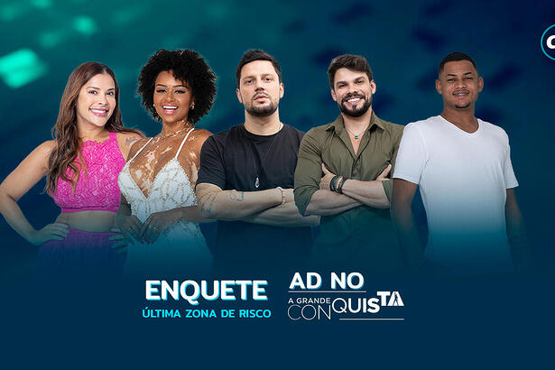 Gyselle Soares, Natália Deodato, Thiago Servo, Alexandre Suíta e Gabriel Roza na arte de divulgação da enquete da última Zona de Risco do A Grande Conquista