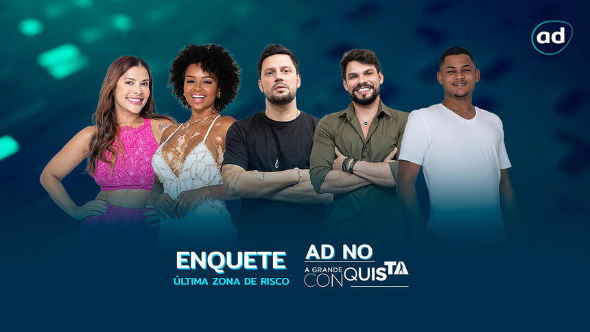 Gyselle Soares, Natália Deodato, Thiago Servo, Alexandre Suíta e Gabriel Roza na arte de divulgação da enquete da última Zona de Risco do A Grande Conquista