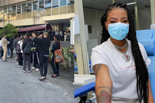 Fila de fãs em um local de doação de sangue, em montagem com Ludmilla preparada para doar sangue