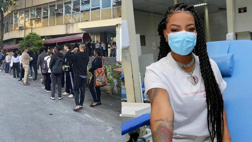 Fila de fãs em um local de doação de sangue, em montagem com Ludmilla preparada para doar sangue