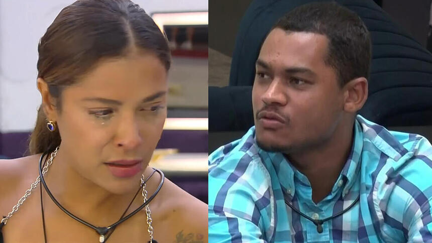 Gyselle Soares e Gabriel Roza em uma montagem, com trechos da discussão no A Grande Conquista