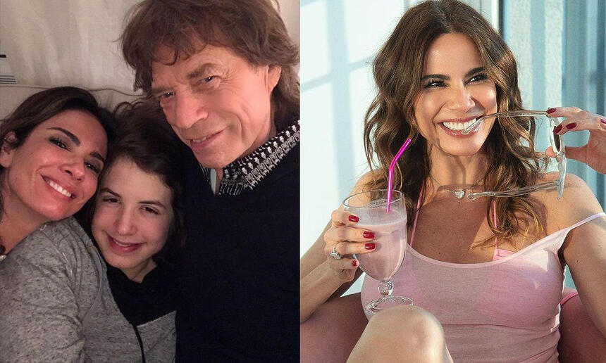 Luciana Gimes ao lado do filho e Mick Jagger; Imagem 2: Luciana Gimenez sorrindo, com a alça do óculos de sol na boca, segurando um copo com drink