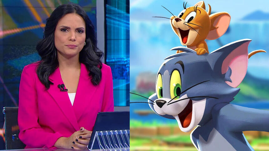 Márcia Dantas, no estúdio do SBT Brasil, em montagem com As Aventuras de Tom e Jerry