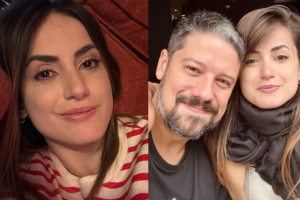 Imagem 1: Mari Palma com lágrimas nos olhos, de camisa listrada, deitada e cabelo solto; Imagem 2: Mari Palma com o ex-marido, de cabelo solto, sentada