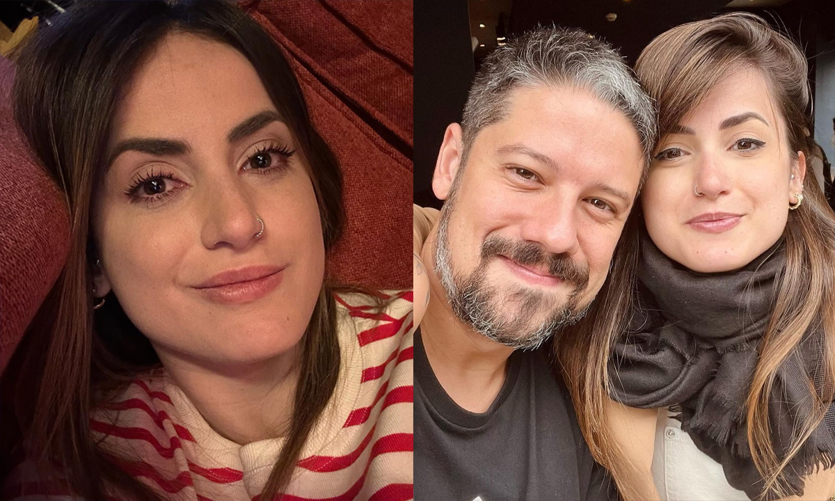 Imagem 1: Mari Palma com lágrimas nos olhos, de camisa listrada, deitada e cabelo solto; Imagem 2: Mari Palma com o ex-marido, de cabelo solto, sentada