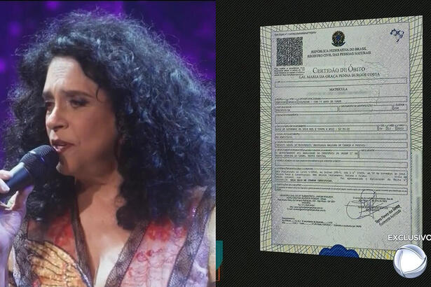 Montagem com Gal Costa cantando e a certidão de óbito da cantora