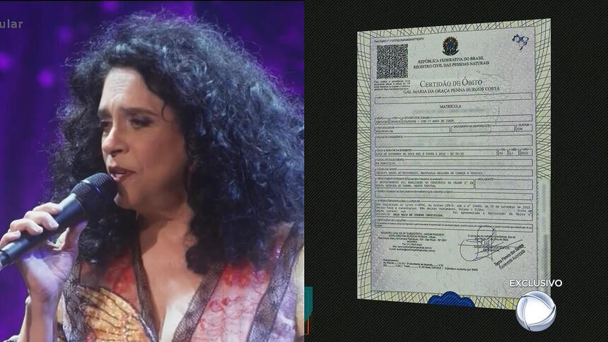 Montagem com Gal Costa cantando e a certidão de óbito da cantora