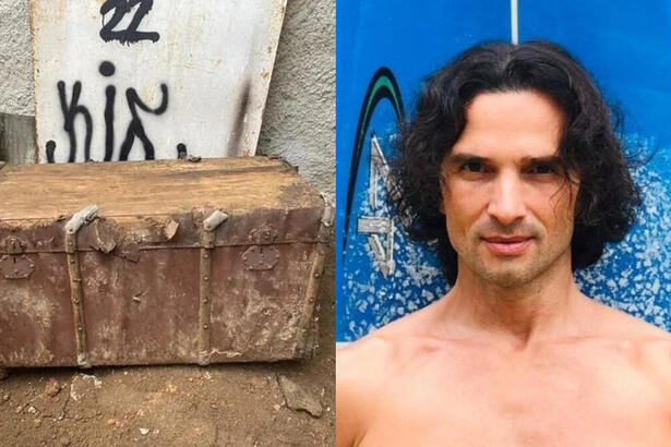 Montagem com baú onde corpo de Jeff Machado foi encontrado