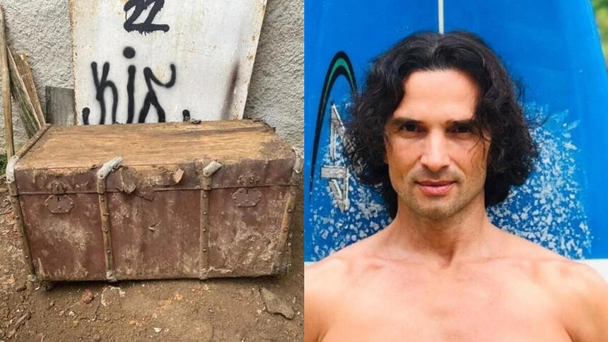 Montagem com baú onde corpo de Jeff Machado foi encontrado