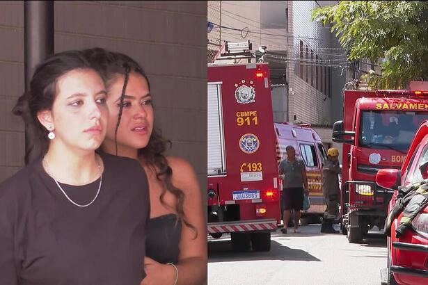 Montagem com Maísa Silva e uma amiga chorando. Na segunda imagem o carro dos bombeiros.