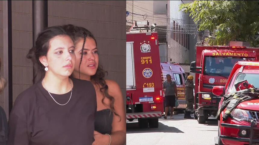 Montagem com Maísa Silva e uma amiga chorando. Na segunda imagem o carro dos bombeiros.