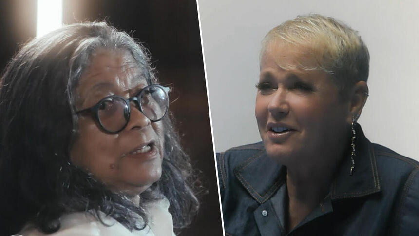 Montagem com Marlene Mattos e Xuxa no documentário exibido na Globo