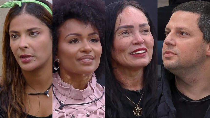 Montagem com Gyselle Soares, Natália Deodato, Sandra Melquiades e Thiago Servo ao saberem que estavam na 10ª Zona de Risco do A Grande Conquista