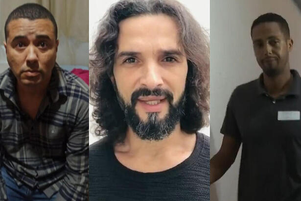 Montagem com os acusados de matarem o ator Jeff Machado (ao centro). Bruno Rodrigues no momento em que foi preso (esq.) e Jeander quando foi prestar depoimento (dir).