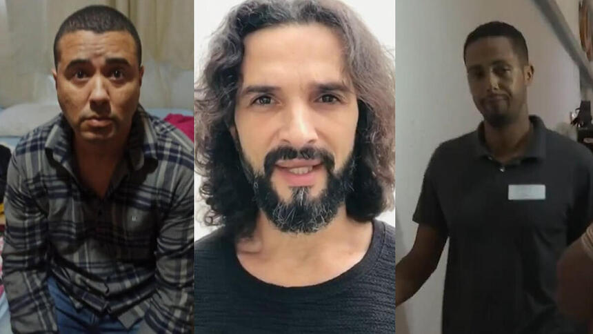 Montagem com os acusados de matarem o ator Jeff Machado (ao centro). Bruno Rodrigues no momento em que foi preso (esq.) e Jeander quando foi prestar depoimento (dir).