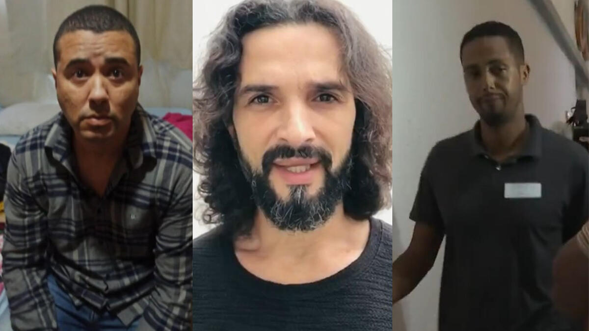 Montagem com os acusados de matarem o ator Jeff Machado (ao centro). Bruno Rodrigues no momento em que foi preso (esq.) e Jeander quando foi prestar depoimento (dir).