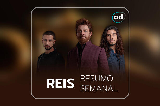 Arte de divulgação do resumo semanal da série Reis com os protagonistas da história Davi