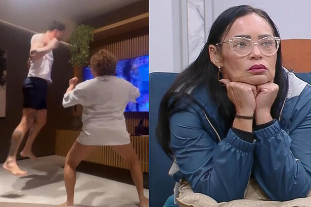 Rico Melquiades e sua tia comemorando a vitória de Sandra na Prova da Virada, em montagem com Sandra no A Grande Conquista