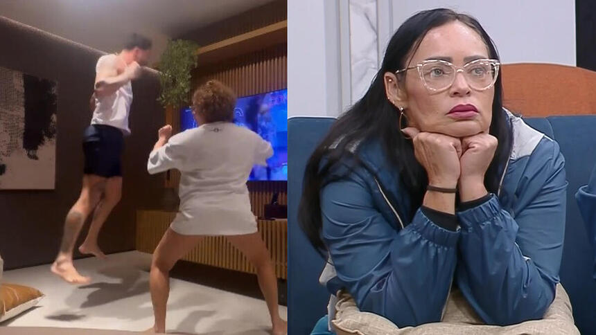 Rico Melquiades e sua tia comemorando a vitória de Sandra na Prova da Virada, em montagem com Sandra no A Grande Conquista