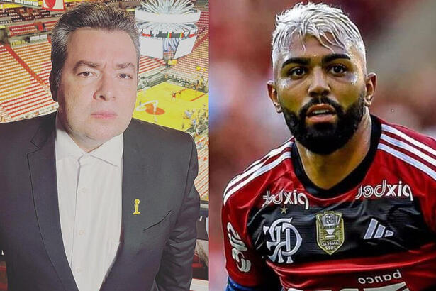 Rômulo Mendonça, nos bastidores de uma transmissão, em montagem com Gabigol, utilizando a camisa do Flamengo