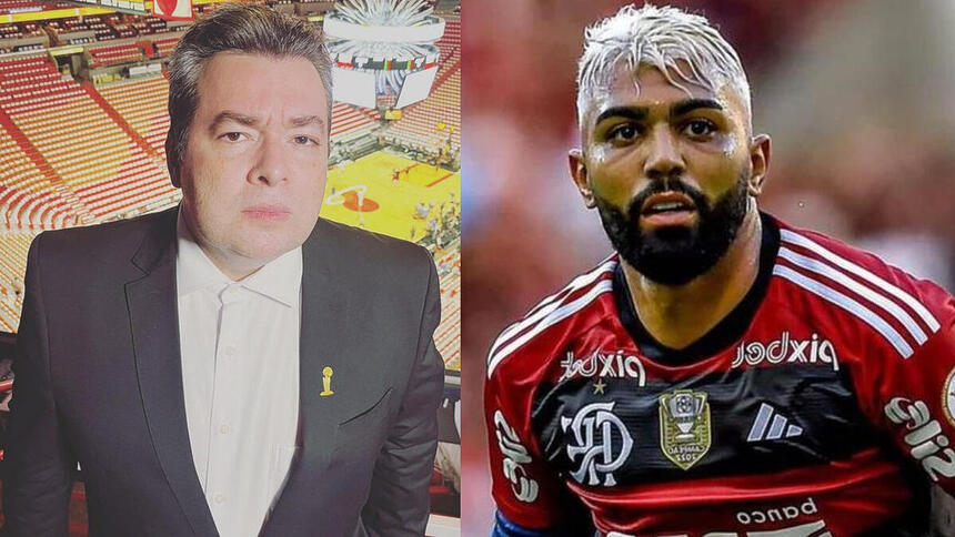 Rômulo Mendonça, nos bastidores de uma transmissão, em montagem com Gabigol, utilizando a camisa do Flamengo