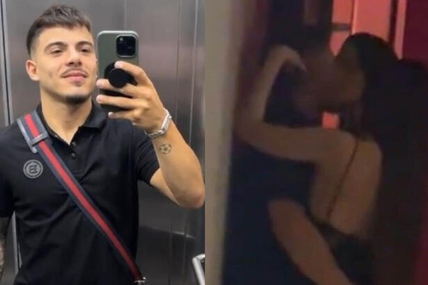 Thomaz Costa, com roupa da festa, em montagem com ele beijando as duas mulheres