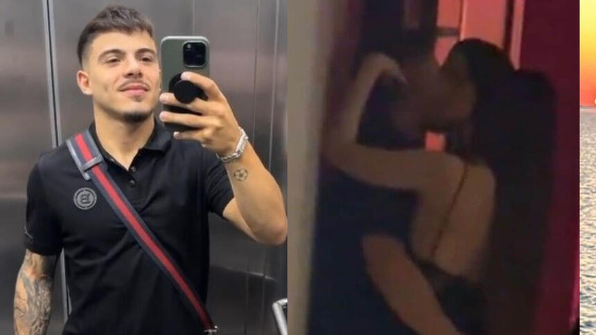 Thomaz Costa, com roupa da festa, em montagem com ele beijando as duas mulheres