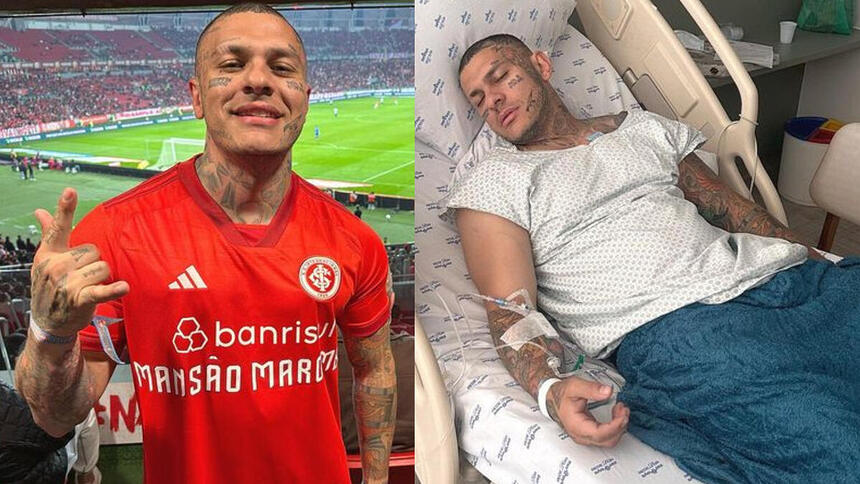 Toguro com a camisa do Internacional no estádio e no leito de hospital